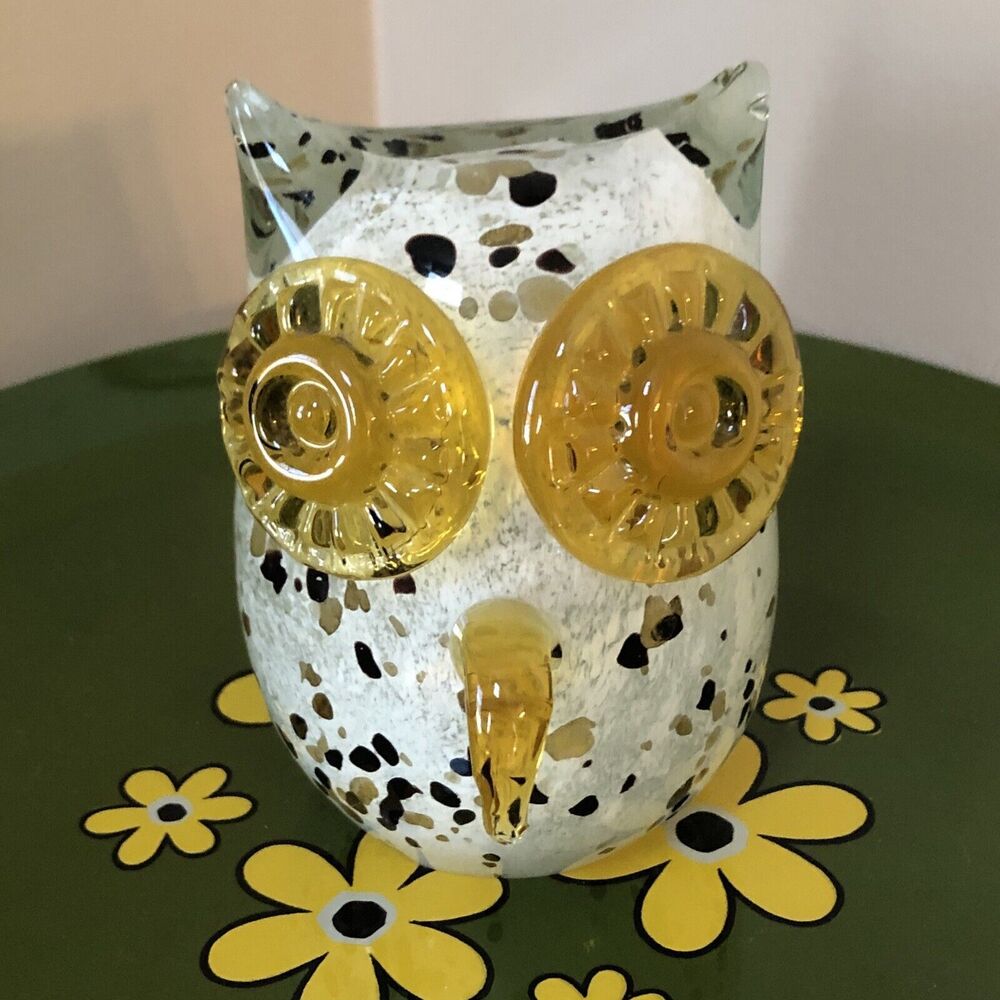 Art Glass Owl Figurine Paperweight 5" Tall Kitschy Handmade Gold Black Confetti